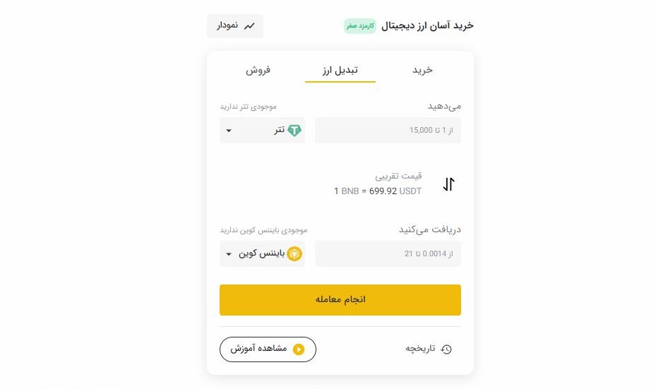 آموزش تبدیل تتر به بی ان بی (BNB) در تراست ولت